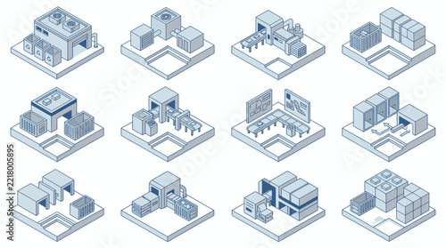 Factory modules display various industrial production processes and automated manufacturing assembly lines in a clean isometric grid layout.