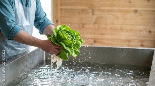 Farmer washing freshly harvested butterhead lettuce in a cold water tank