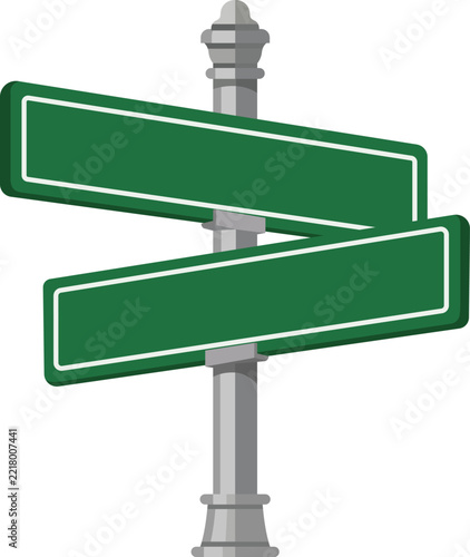 Blank Green Directional Road Signpost with Two Arrow Street Signs and Decorative Metal Pole Vector Illustration
