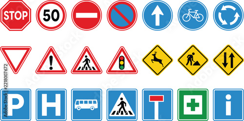 Traffic Road Sign Collection Featuring Stop, Speed Limit, No Entry, Direction, Bicycle, Warning, Parking and Information Symbols Vector Illustration