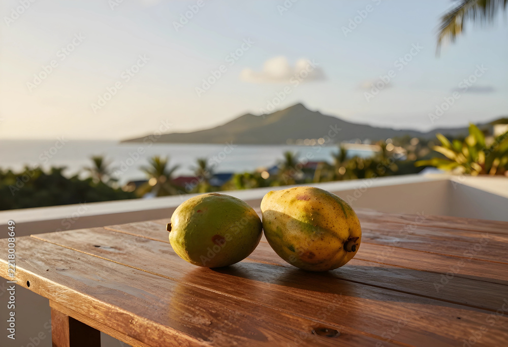 Fototapeta premium Tropical vacation and summer lifestyle, fresh mangoes on a wooden table overlooking a scenic ocean bay with mountains at sunset for travel inspiration