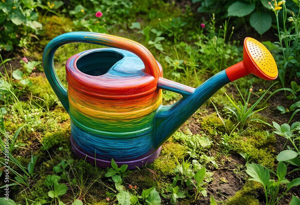 Naklejka premium Gardening and sustainability, colorful rainbow watering can for plant care and organic horticulture in a lush backyard garden with green moss and grass