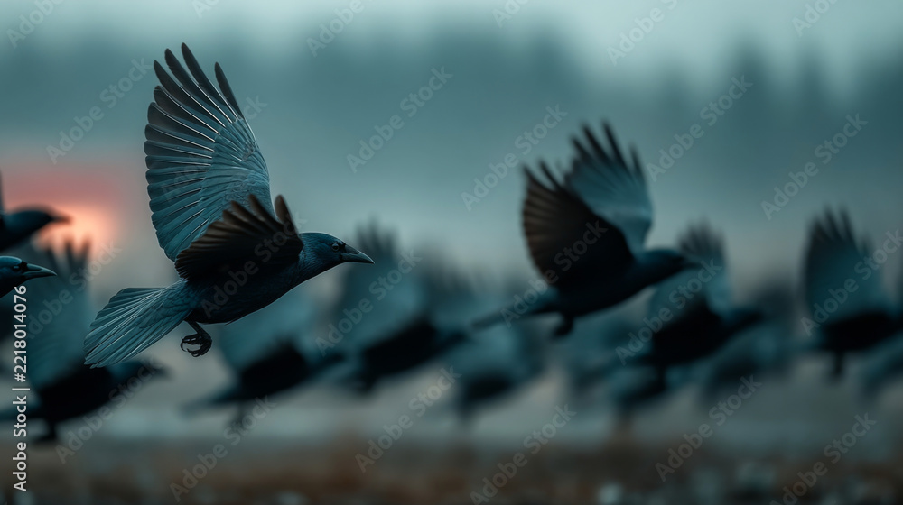 Fototapeta premium Dramatic flock of black crows taking flight in misty foggy sunrise background