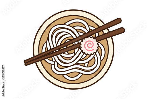 Traditional Japanese udon noodle soup bowl illustration with wooden chopsticks and narutomaki fish cake, top view vector art for asian cuisine menu design and food concepts.