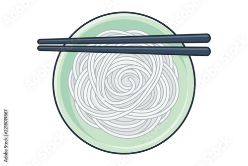 High-angle vector illustration of a traditional bowl of white vermicelli rice noodles with dark blue chopsticks on top, isolated on white background, perfect for Asian cuisine menus and food icons.