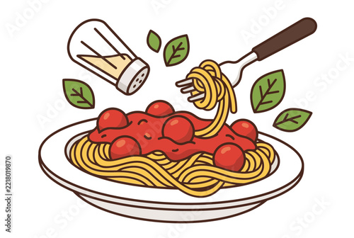 Delicious Italian Spaghetti Pasta with Tomato Sauce and Meatballs on a White Plate, Fork Twirling Noodles with Seasoning Shaker and Fresh Basil Leaves Illustration, Isolated Vector Graphic