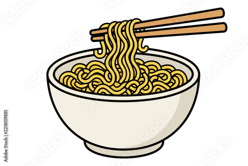 Yellow Instant Noodles in a White Bowl with Wooden Chopsticks Lifting a Serving, Hand-Drawn Cartoon Style Vector Illustration Isolated on Plain White Background for Culinary Design and Menu