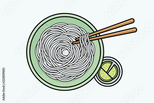 Top down view vector illustration of a bowl of white rice vermicelli noodles with wooden chopsticks and a sliced lime garnish, isolated on a light background for food preparation concept.
