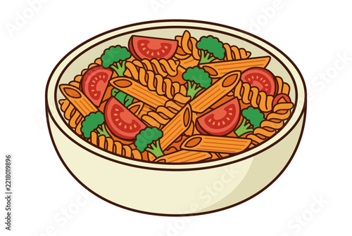 Healthy Vegetable Pasta Bowl Illustration with Penne Fusilli Broccoli and Tomatoes Isolated on White Background for Culinary Design Vegetarian Meal and Healthy Eating Concepts