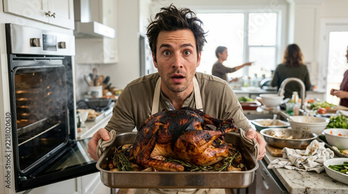 Stressed man holding burnt roast turkey in roasting pan from oven. Thanksgiving cooking mishap and kitchen chaos