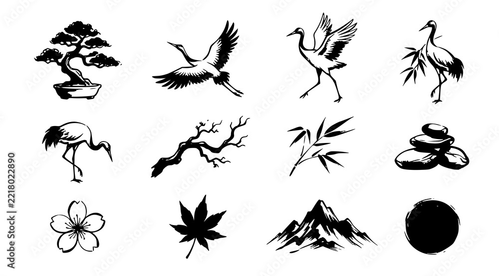 Fototapeta premium Japanese Sumi-e and Traditional Asian Ink Art Vector Set
