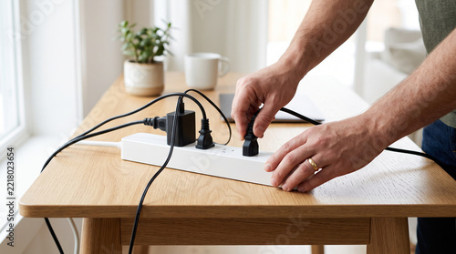 Modern power strip on wooden desk, hands plugging electrical cable into white surge protector, home office power supply