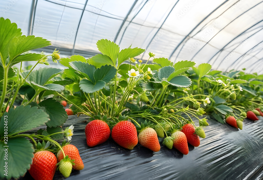 Fototapeta premium Sustainable agriculture and organic farming, fresh strawberries growing in a greenhouse with healthy plants and ripe red fruit for local food supply