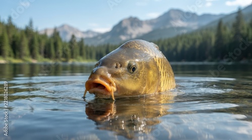 Close-up of Carp emerging from clear lake water with mountains and forest background