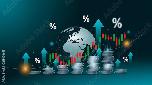 Global Financial Growth Concept Featuring Increasing Currency Stacks with Upward Trading Charts and Percentage Symbols on a Dark Digital Background