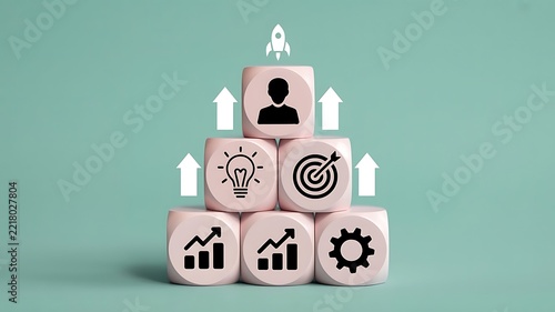 Visualizing business growth and success with innovative ideas and goal achievement represented by upward arrows and symbols on stacked blocks