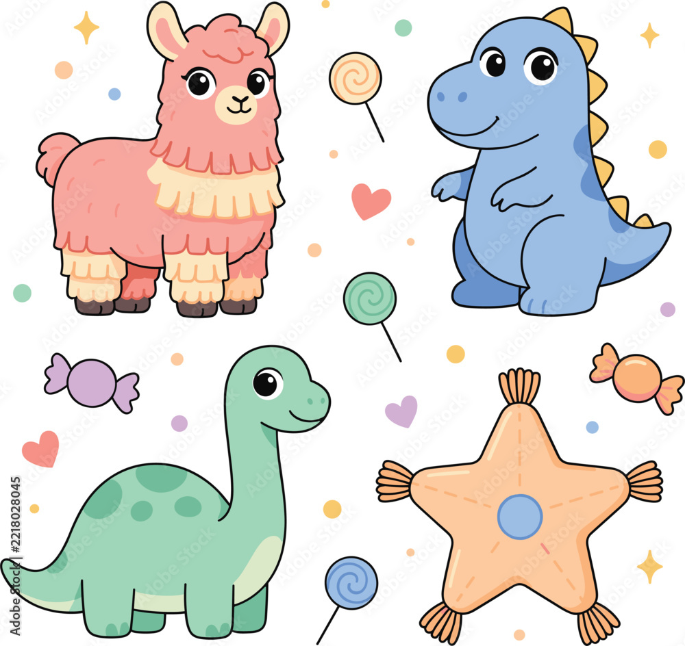 Fototapeta premium Cute Baby Dinosaur and Pink Alpaca Vector Clipart Set Featuring Whimsical Prehistoric Reptiles Llama Candies and Cushion Stars for Nursery Designs