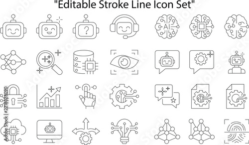 Artificial Intelligence and Machine Learning Editable Stroke Line Icon Set for Technology and Automation Vector Design