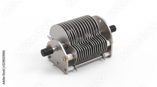 Variable tuning capacitor with interleaved plates in 3D style on white background
