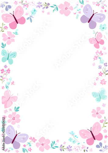 Pastel butterflies and tiny flowers forming a frame around an empty white space