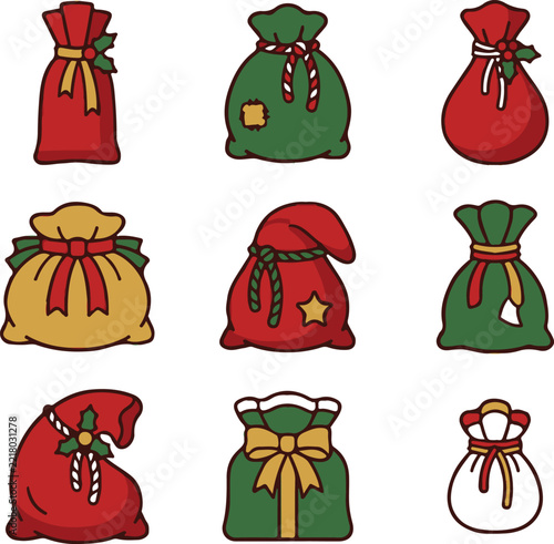 Christmas Santa Gift Sack Icon Set, Holiday Present Bag Vector Clipart