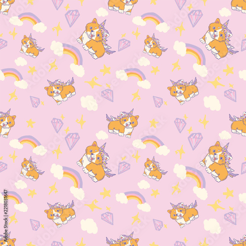 Cute corgi dogicorn seamless pattern with rainbow, clouds, magic diamonds, and pastel stars, funny pet unicorn puppy vector background for kids fabric, nursery wallpaper, and gift wrap