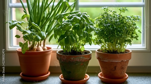 Three clay pots with fresh herbs sitting on windowsill