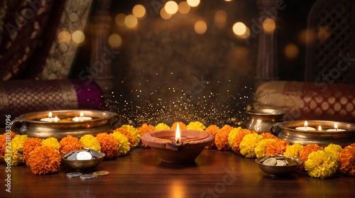 Traditional terracotta diya lamp glowing brightly during diwali festival celebration with marigold flowers and coins