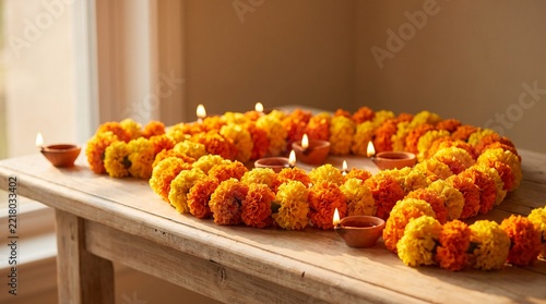 Bright marigold flower garlands and traditional clay lamps arranged on a wooden table