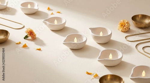 Diya lamps glowing brightly during traditional festive celebration with marigold flowers and brass bowls