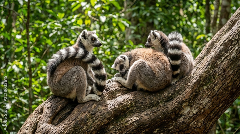 Fototapeta premium Ring-tailed Lemurs Resting Together on a Tree Branch in Lush Green Forest