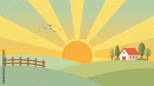 Rural Sunrise Landscape with Farmhouse and Fence, Flat Design