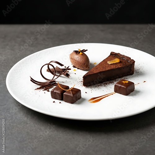 Elegant Restaurant Plating of Dark Chocolate Cake Slice and Artisan Pralines
