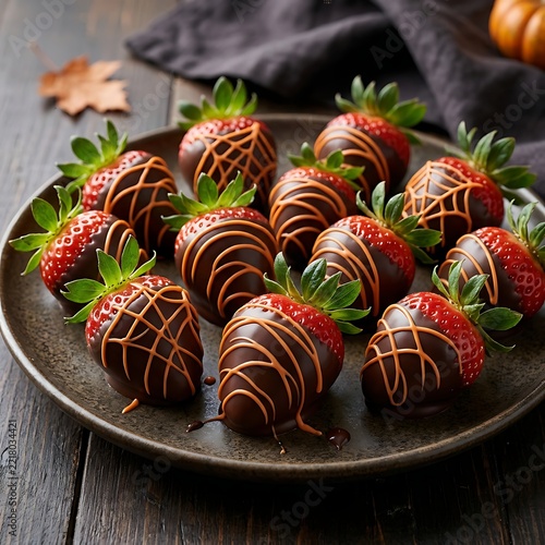 Halloween Themed Chocolate Dipped Strawberries with Orange Spiderweb Drizzle
