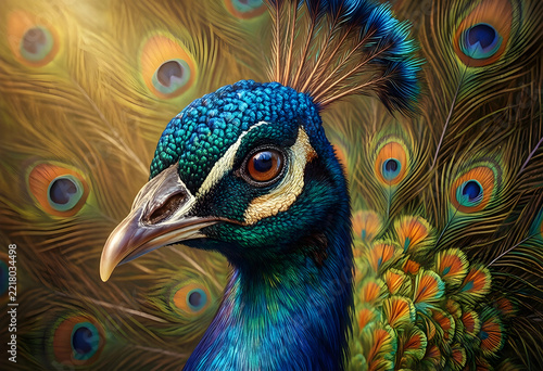Elegance and luxury concept, portrait of a majestic peacock with vibrant iridescent plumage and detailed feathers in a natural wildlife environment
