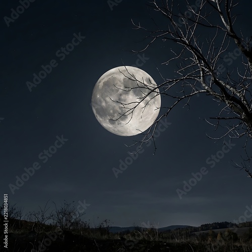Atmospheric Night Landscape with Bright Moonlight Shining on Leafless Tree 