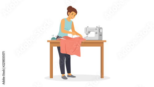Woman Sewing Fabric with Sewing Machine Tailoring and Fashion Design Illustration