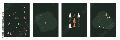 Set of four minimalist Christmas greeting cards with abstract trees and acorn patterns
