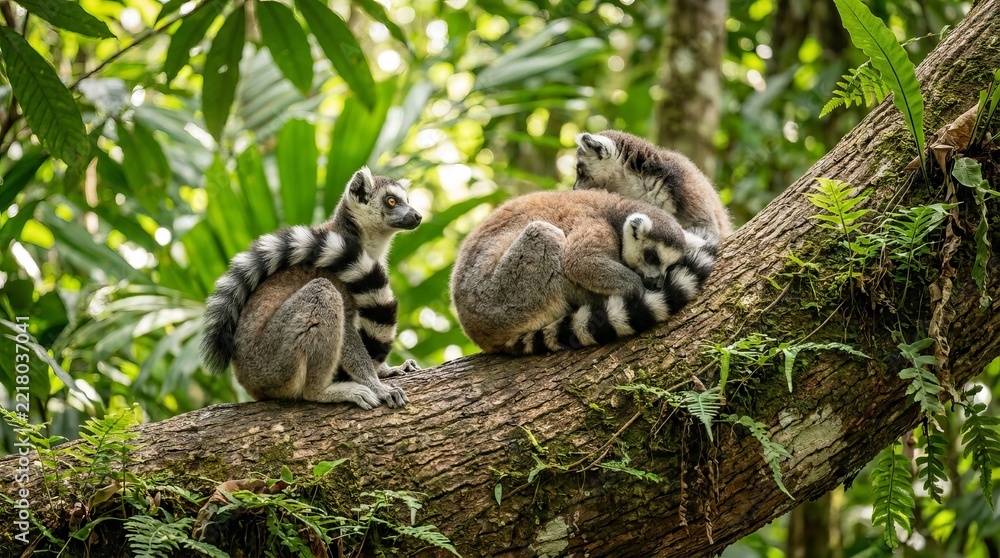 Fototapeta premium Ring-tailed Lemurs Resting on Tree Branch in Lush Forest Canopy