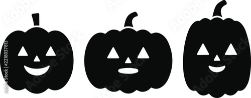 Set of Three Cute Smiling Halloween Pumpkins, Black Jack-o'-Lantern Silhouette Vector