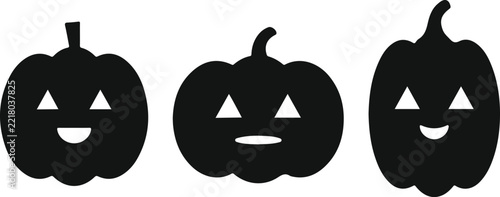 Set of Three Happy Halloween Pumpkins, Black Jack-o'-Lantern Vector Silhouettes