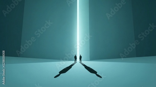Two Silhouettes Facing Bright Gateway of Light, Future Opportunity, Decision Making