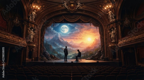 Two people on stage in opulent theater, facing painted backdrop of moonlit mountains at sunset.