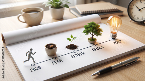 2026 to 2027 growth roadmap concept with plan action goals tree and glowing light bulb.