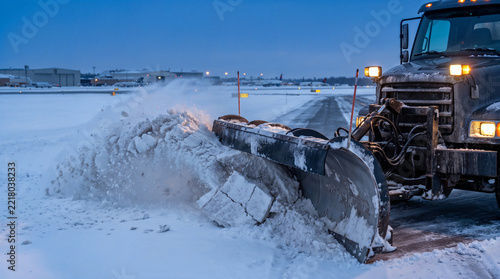 Heavy duty snowplow truck clearing accumulated snow from airport runway during severe winter weather conditions.