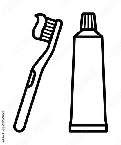 Toothbrush and Toothpaste Tube Dental Care Line Art Vector Illustration