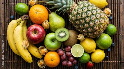 Vibrant Assortment of Fresh Fruits: Pineapple, Bananas, Apples, Oranges, Kiwi, Grapes