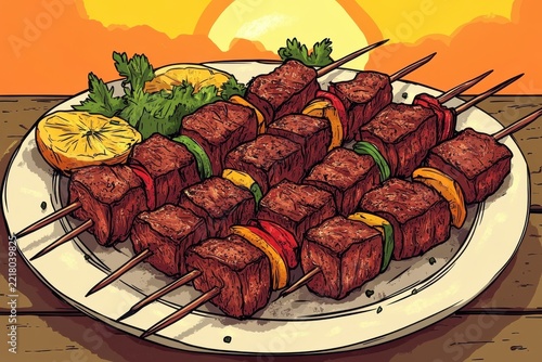 Beef Skewers with Vegetables in Cartoon Style at Sunset