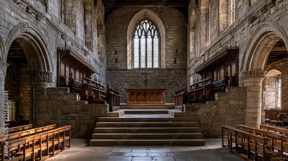 Obraz premium Old stone church interior photography, raised sanctuary, carved wooden altar platform, cross, choir stalls, pale arched windows, empty nave