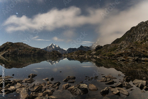 Starlit Mountain Lake Reflection in Daocheng Yading
